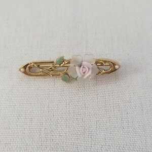 1928 Brand Gold Tone Pink Porcelain Rose Bar Pin Brooch Vintage 1.50"